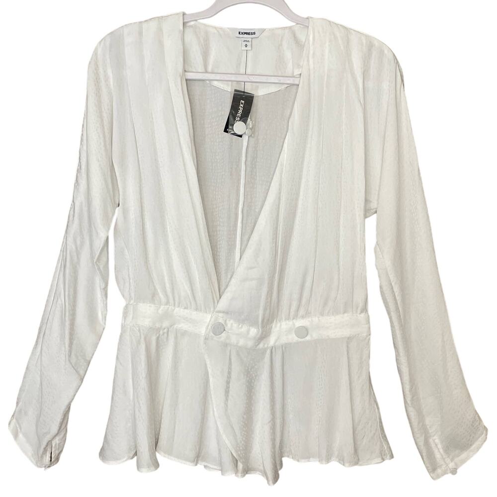 Express Deep V Neck Long Sleeve Blouse Top Solid White Size Medium NWT